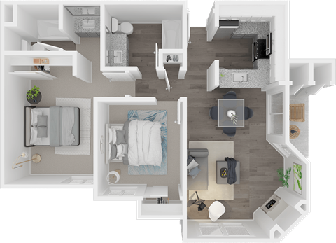 Floor plan for 2 beds, 2 baths, 841 sqft